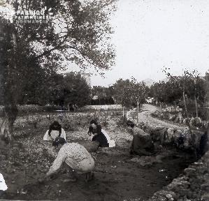 B020 Quotidien 4 femmes accroupies dans le jardin