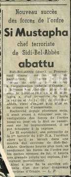 Extrait de journal annonçant la mort de Si Mustapha